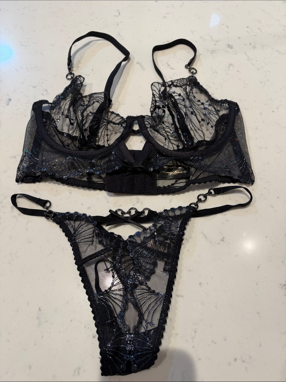 Honey Birdette Black Lace Sheer Bra & Thong Set with Subtle Sparkle